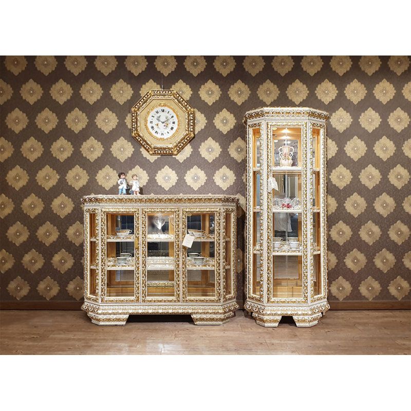 Solid Wood Lighted Curio Cabinet, Ivory/Gold