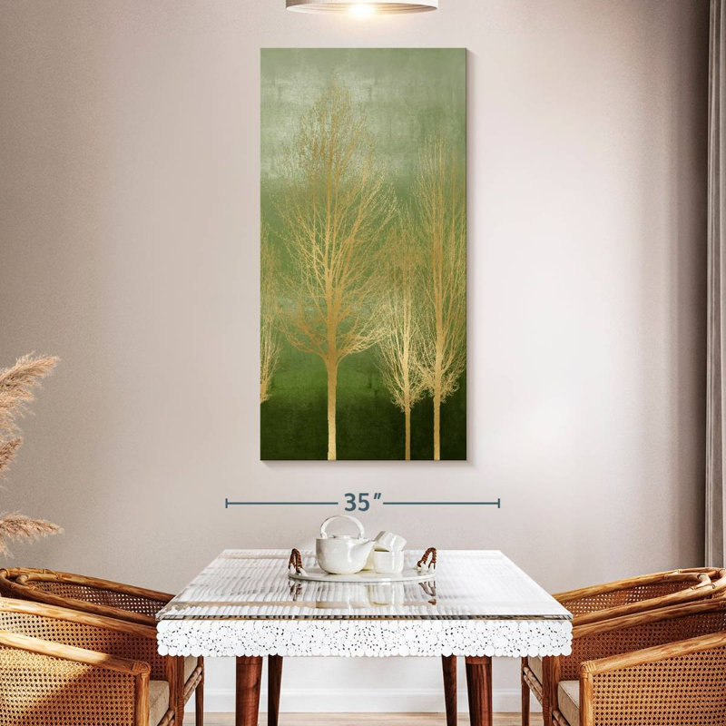 Arbres dorés sur panneau vert I, H 54 po x l 27 po
