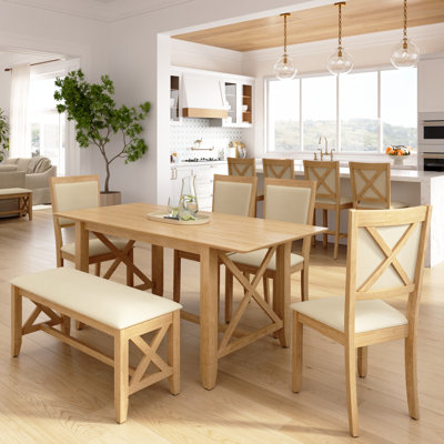 70W Farmhouse Cross Base Dining Table With 4 Upholstered Cross Back Chairs and 1 Bench