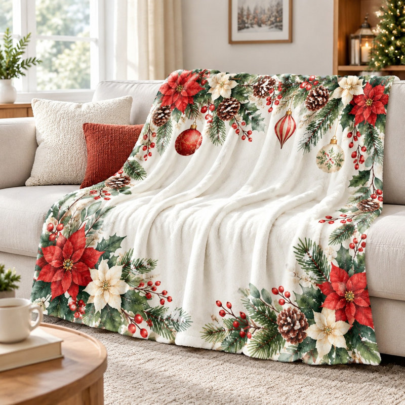 Christmas Floral Print Throw Blanket, Festive Holiday Poinsettia and Pinecone Design Cozy Plush Blanket for Sofa Couch Bedroom Living Room Home Decoration