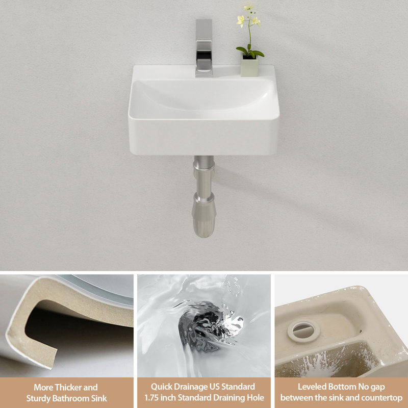 UFaucet 14x10 Inch Wall Mount Bathroom Sink – Small Modern Rectangular White Porcelain Ceramic Floating Vanity Basin With Faucet Hole, Space-Saving Wall Hung Design