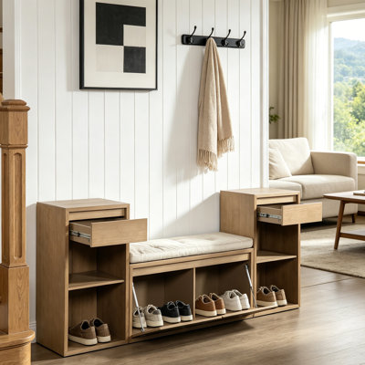 Banc de rangement pour chaussures 3 en 1 avec coussin, banc d'entrée en bois massif avec tiroirs et tablettes ouvertes