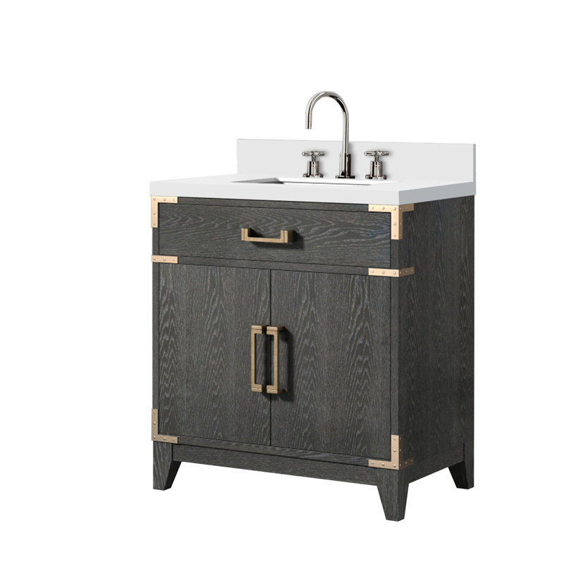 Ensemble de meuble-lavabo simple en chêne noir D 22 po, comptoir en quartz blanc et robinet, H 34,12 po x l 22 po x P 30 po