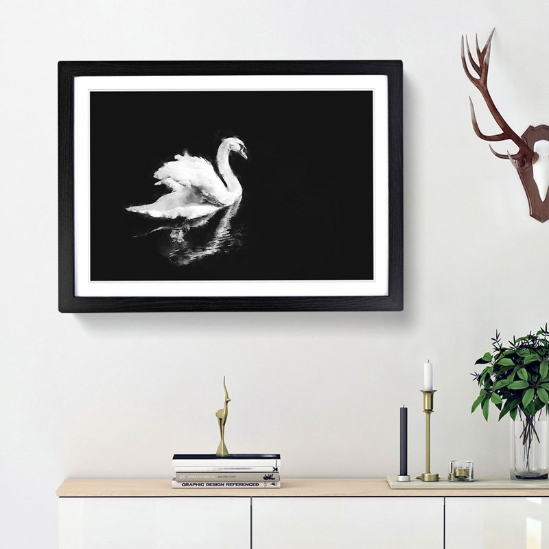 Swan - Picture Frame Painting Print, Black Framed, 33cm H x 45cm W x 2cm D