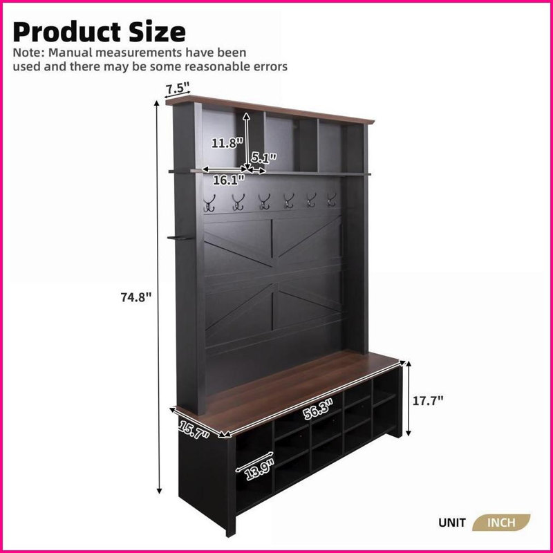 Farmhouse 4-in-1 Hall Tree with 6 Hooks &amp; Adjustable Shelves | 16 Compartments | Black | Particle Board+MDF, Black