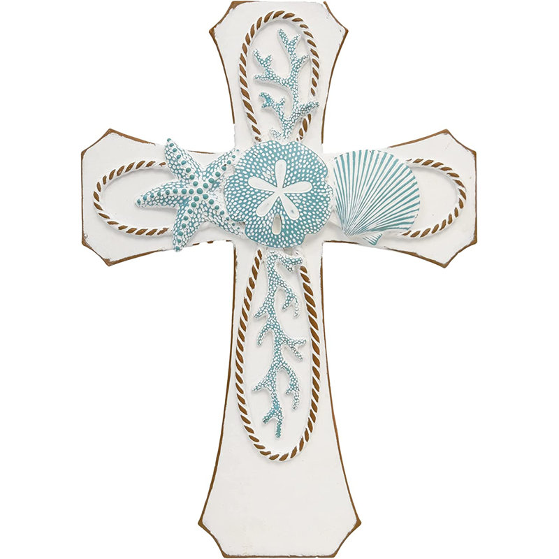 Polyresin Starfish and Seashells White & Sky Blue Nautical Beach Hanging Wall Cross