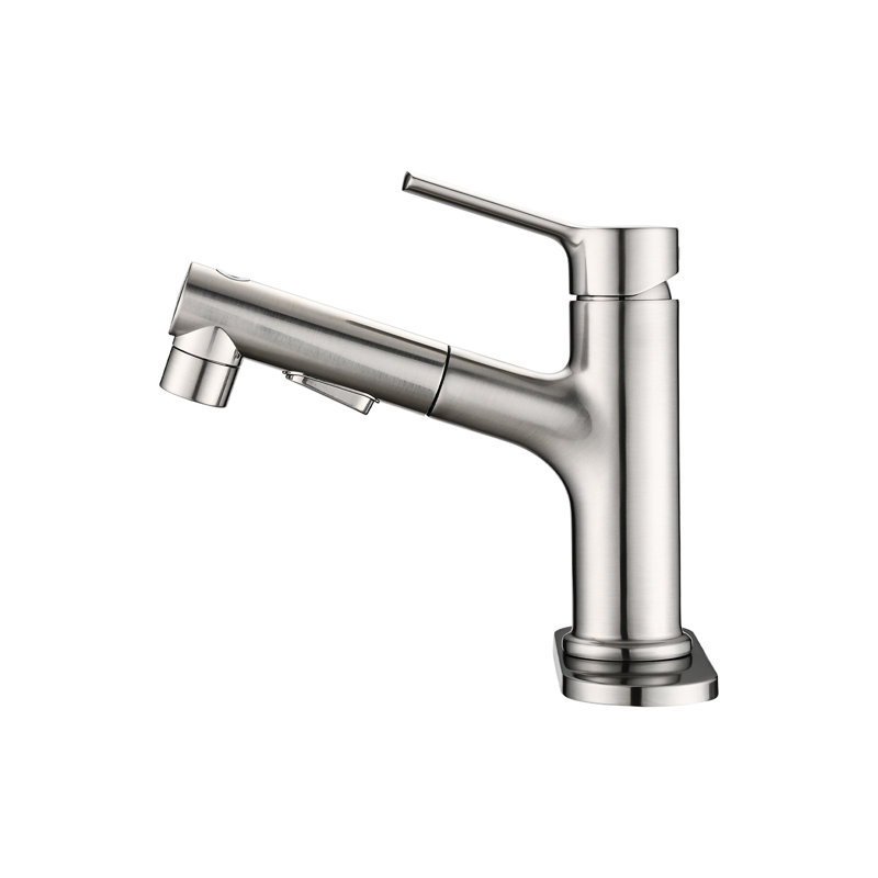 Modern Bathroom Sink Faucet With Pull Out , Single Handle, Brushed Nickel Finish And Pop-Up Drain Stopper Deck Plate Tap, Contemporary Style &