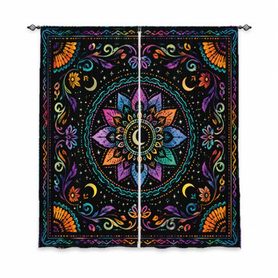 2 rideaux Mandala 2 pièces, tissu filtrant la lumière, motif floral et céleste vif, protection de la vie privée pare-soleil, conception à passe-tringle, convient au salon, à la chambre à coucher, au balcon, à la cuisine, à la maison