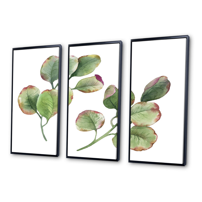 " Green Leaved Branches On White " 3 - Pieces, Black Framed, 28" H  x 36" W  x  1" D