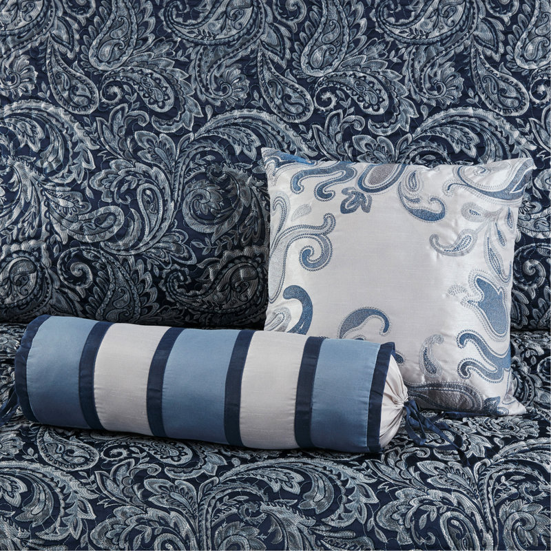Ensemble de couvre-lit 5 pièces Queen en jacquard bleu marine, Couvre-lit grand + 4 pièces supplémentaires, Marine