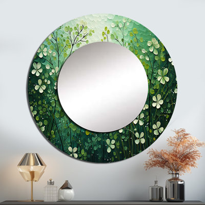 Santoya White And Green Herbs Symphony II - Herbs Mirror, Traditional Round Unique Wall Mirror, Printed Metal Art