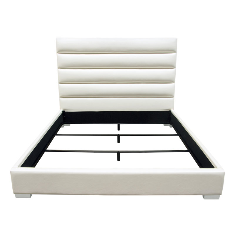 Bardot Channel Tufted Queen Bed In White Leatherette, Queen, White
