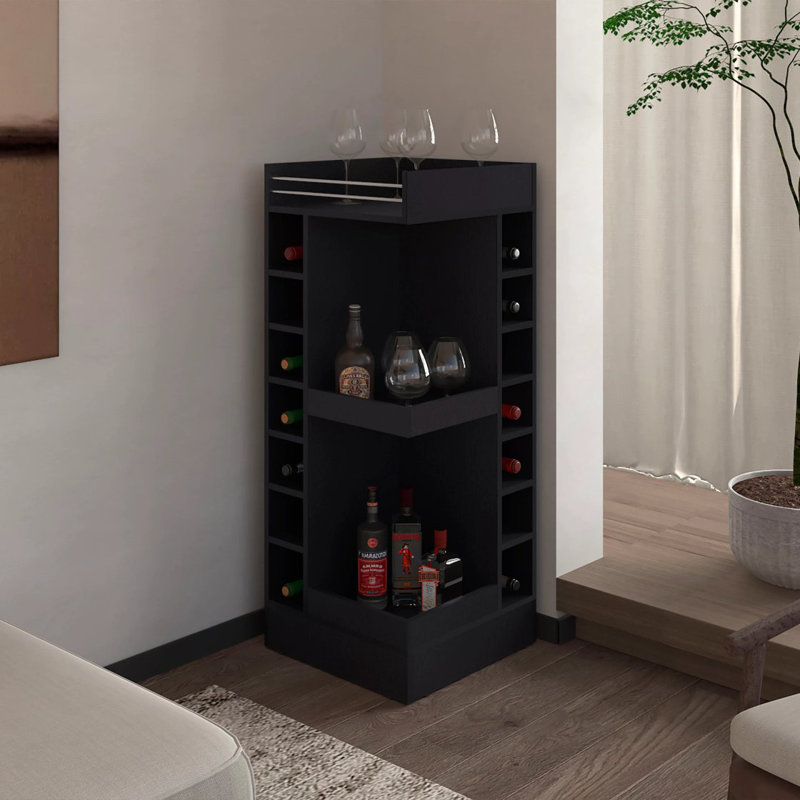Black Corner Bar Cabinet With Wine Rack And Open Shelf, Black