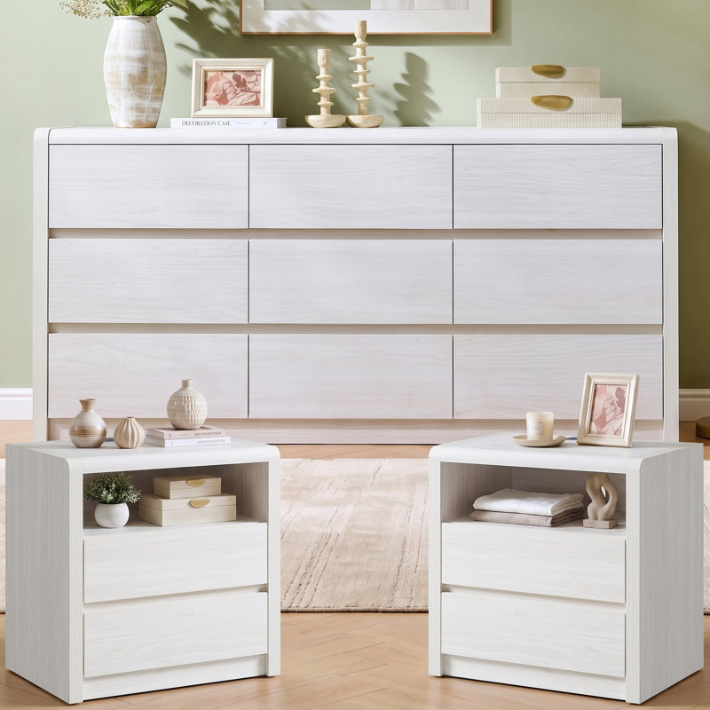 Ensemble de chambre 3 pièces avec station de recharge, blanc, White, 9 Drawer Dresser; 2 Nightstands