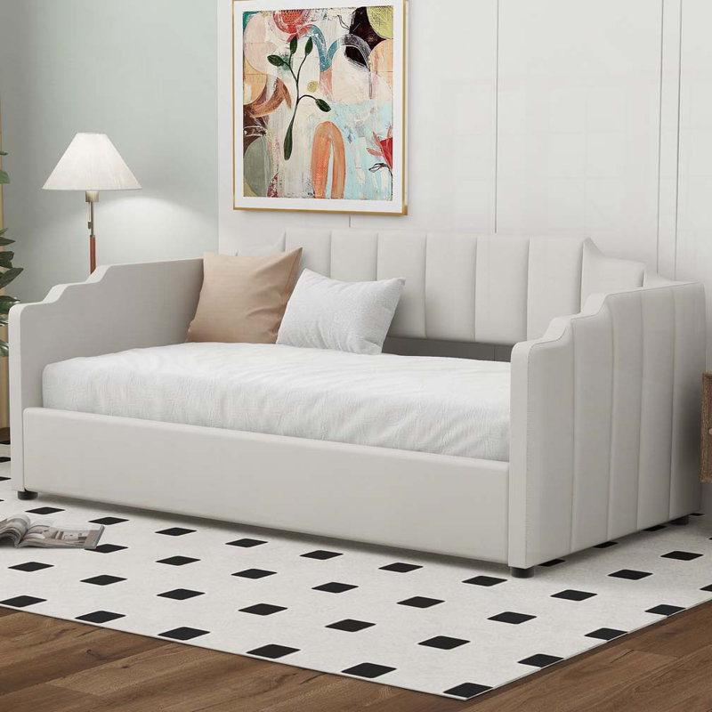 Lit de jour rembourré avec rangement inférieur, Beige, Lit simple