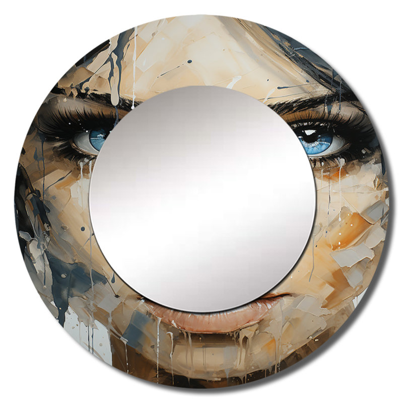 Portrait de femme abstraite - grand réalisme abstrait, miroir mural rond beige, impression sur métal, 23 po x 23 po