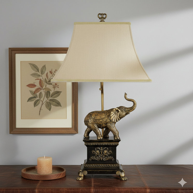 Grande lampe de table en polyrésine de 29 pouces en forme d'éléphant, avec une finition or antique et un abat-jour blanc