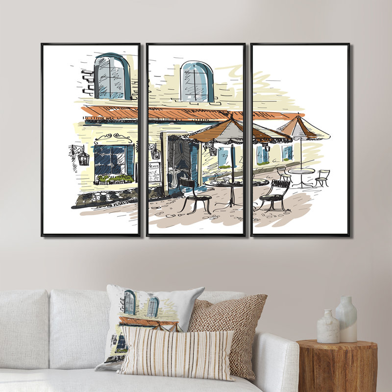 Street Café - 3 pièces, cadre flottant, impression sur toile, Cadre noir, L 36 po x H 28 po