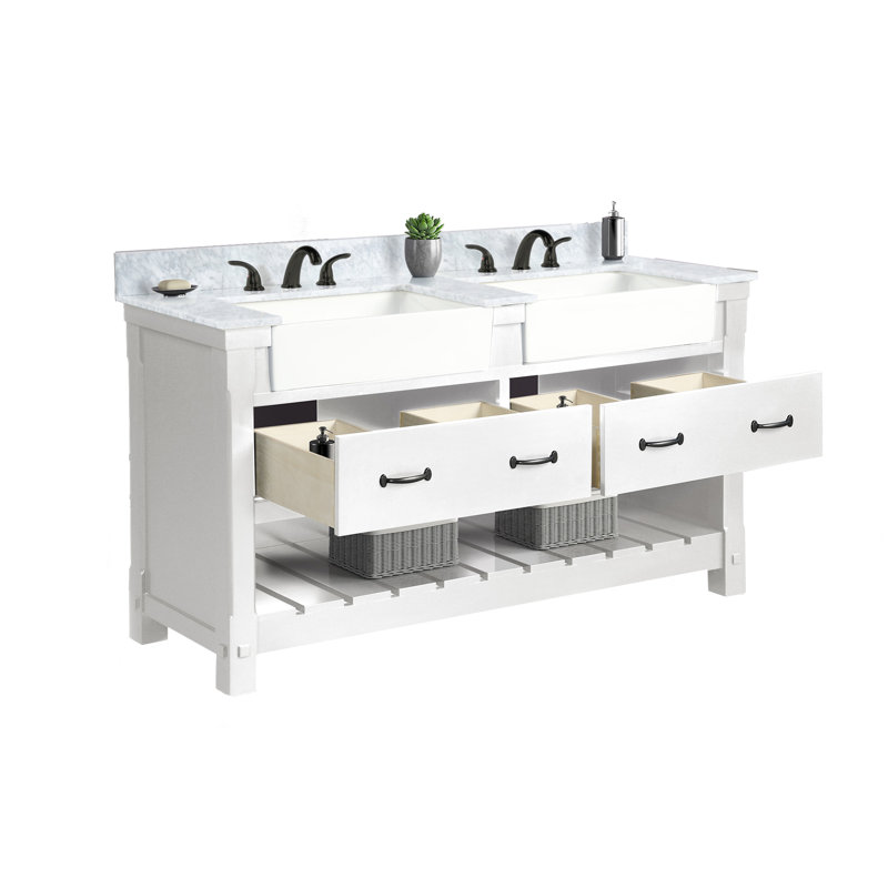 Meuble-lavabo double 60 po avec plateau en marbre Arianys, Blanc doux