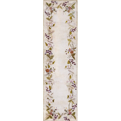 Antique Wool Ivory Beige Cream White Hooked 1930s American Floral Rug