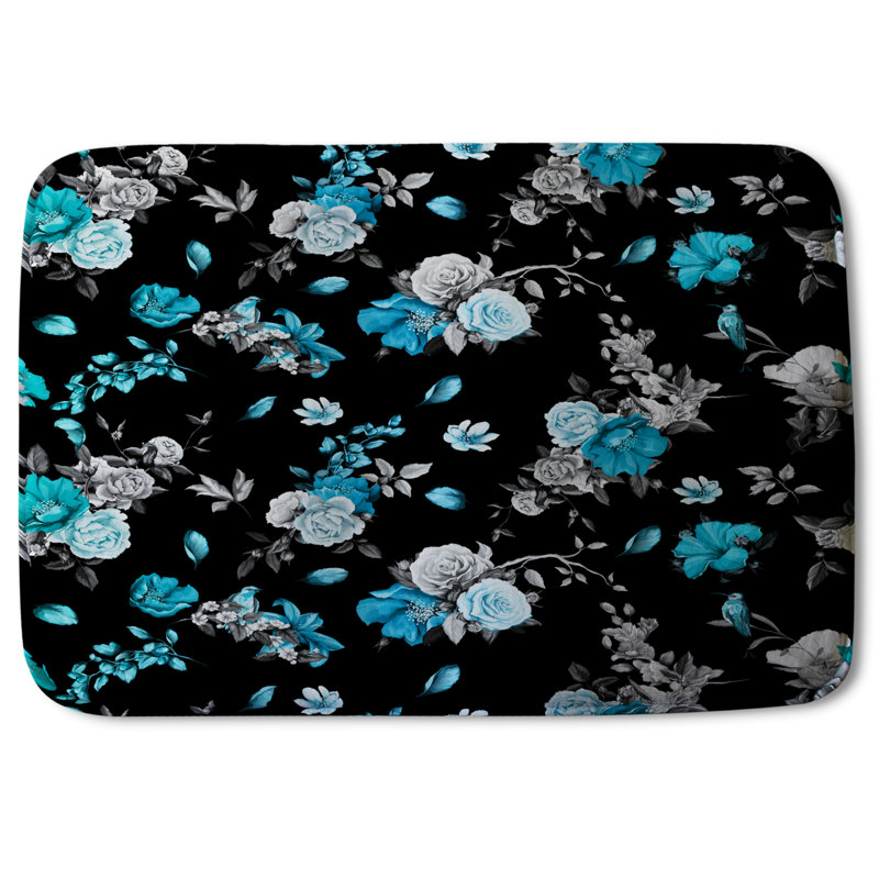 Akelah Non-Slip Bath Rug, Blue/Black Floral 