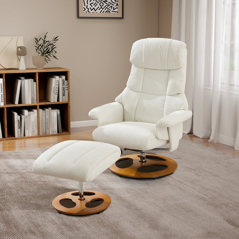 Fauteuil inclinable pivotant rembourré avec repose-pieds, Blanc, Doré