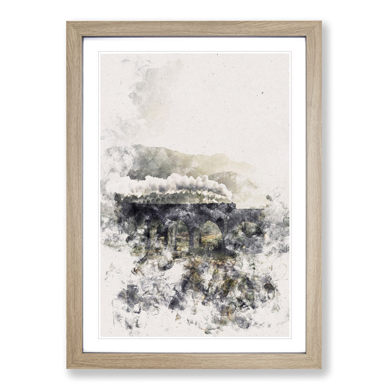 Steam Train over Glenfinnan Viaduct - Picture Frame Painting Print, 45cm H x 33cm W x 2cm D, Oak Framed