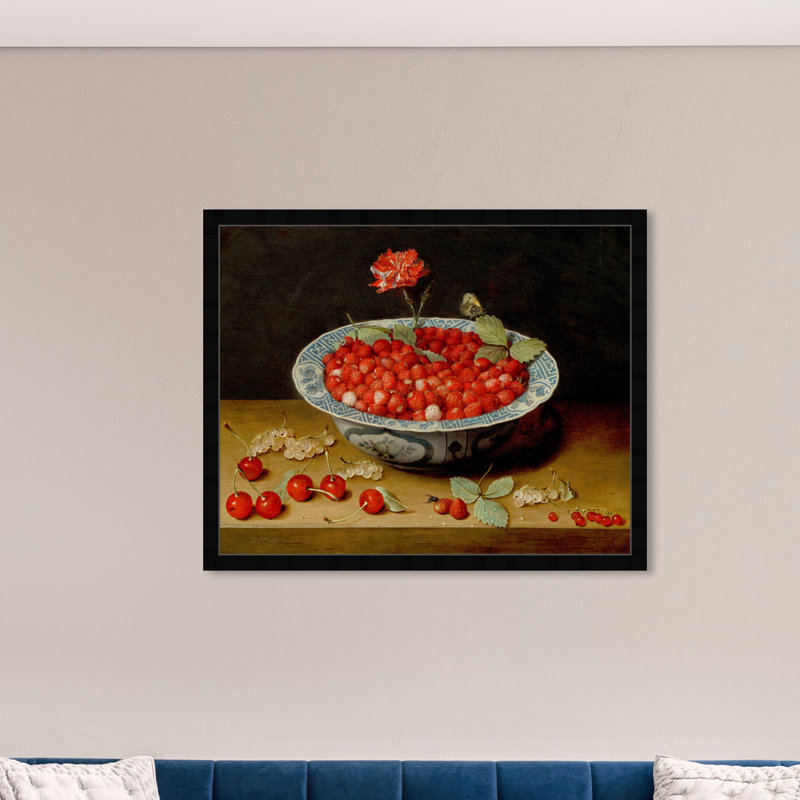 Van Hulsdonck - Wild Strawberries And A Carnation by Van Hulsdonck, Black, 36" H x 45" W x 0.5" D