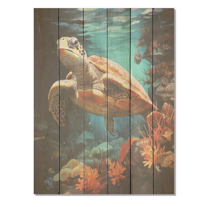 Tortue sous-marine surréelle, art mural sur bois de pin naturel, H 40 po x l 30 po