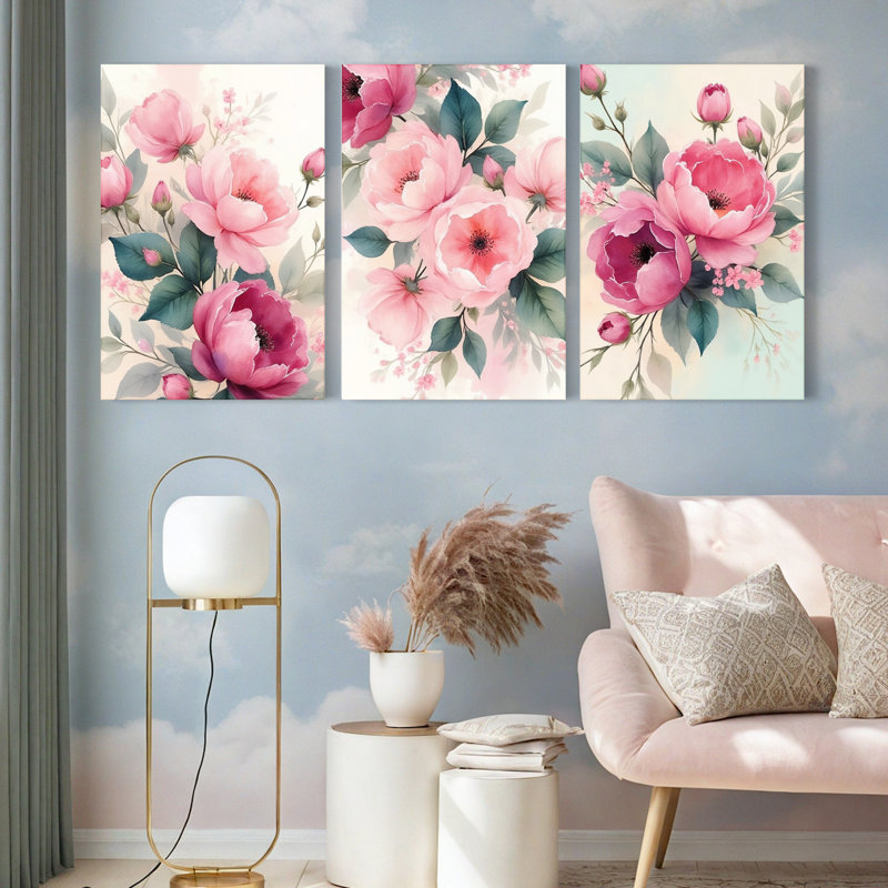 «Blush Pink Peony», reproduction d'art sur toile tendue sur toile (ensemble de 3), H 36 po x l 72 po