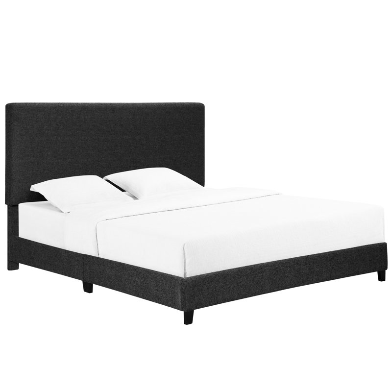 Très grand lit tapissier gris moderne avec lattes de soutien et rembourrage en mousse pour chambre à coucher transitionnelle avec tête de lit rembourrée