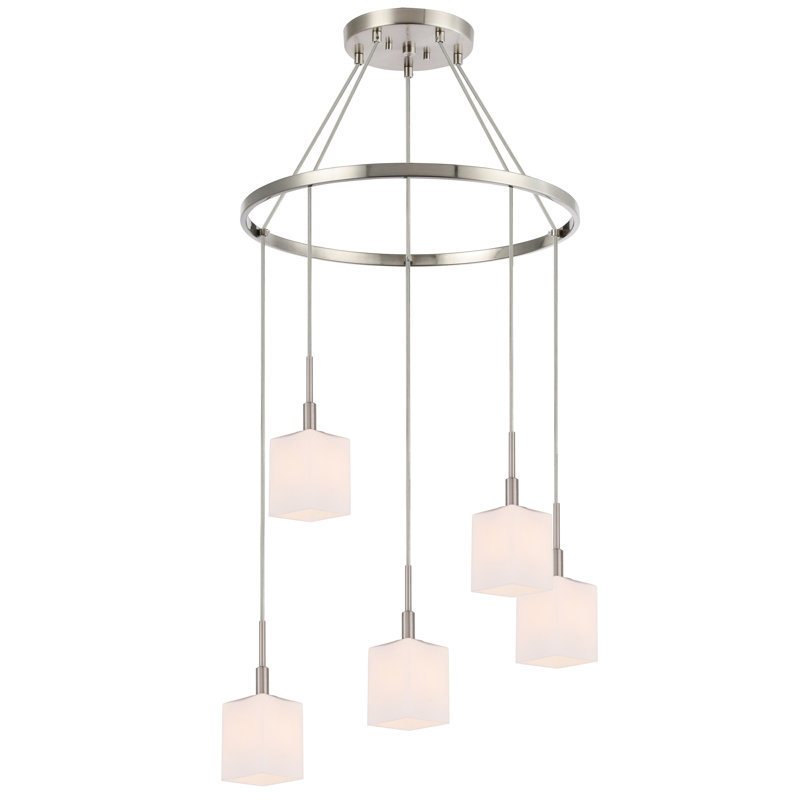 Luminaire suspendu rectangulaire 5 lumières grappe Thiede, Nickel, Halogène