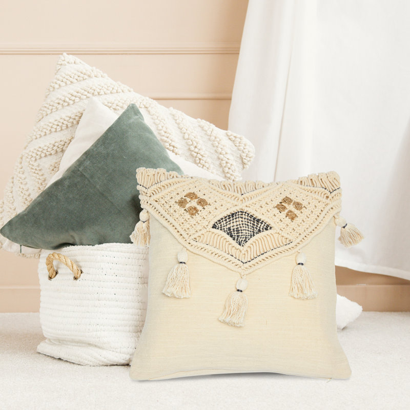 Hand-Woven Cotton and Jute Macrame Pillow with Tassels