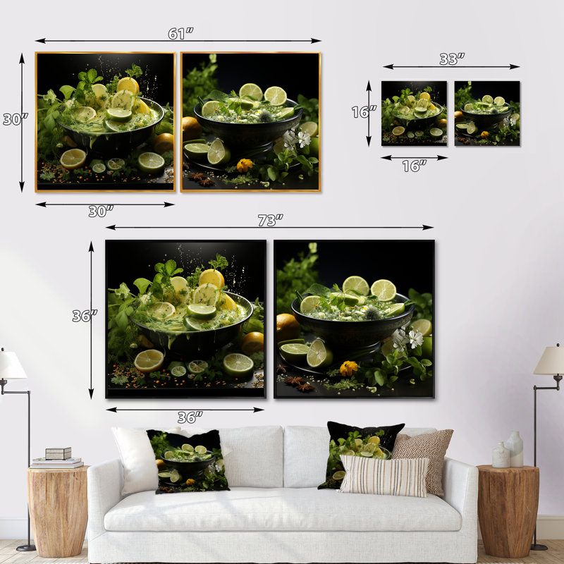 «Citrus Soup Symphony Greens», 2 pièces, H 16 po x l 33 po, Toile tendue
