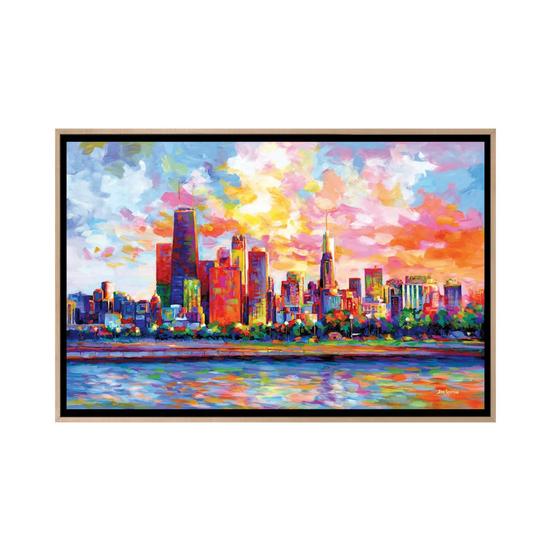 Chicago Skyline by Leon Devenice iCanvas, 26" H x 40" W x 1.5" D, Natural Wood Floater Frame Canvas