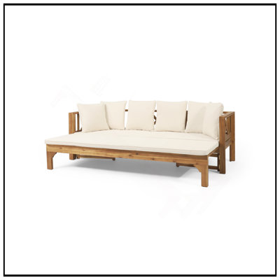 Long Beach Convertible Sofa Daybed With Water-Resistant Cushions And Rustic Acacia Wood Frame For Outdoor Relaxation by Gracie Oaks