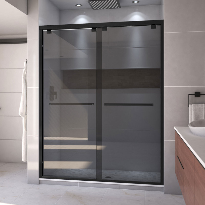 DreamLine Encore 56 - 60 inch W x 76 inch H Semi-Frameless Bypass Shower Door in Matte Black and Smoke Grey Glass, Frosted