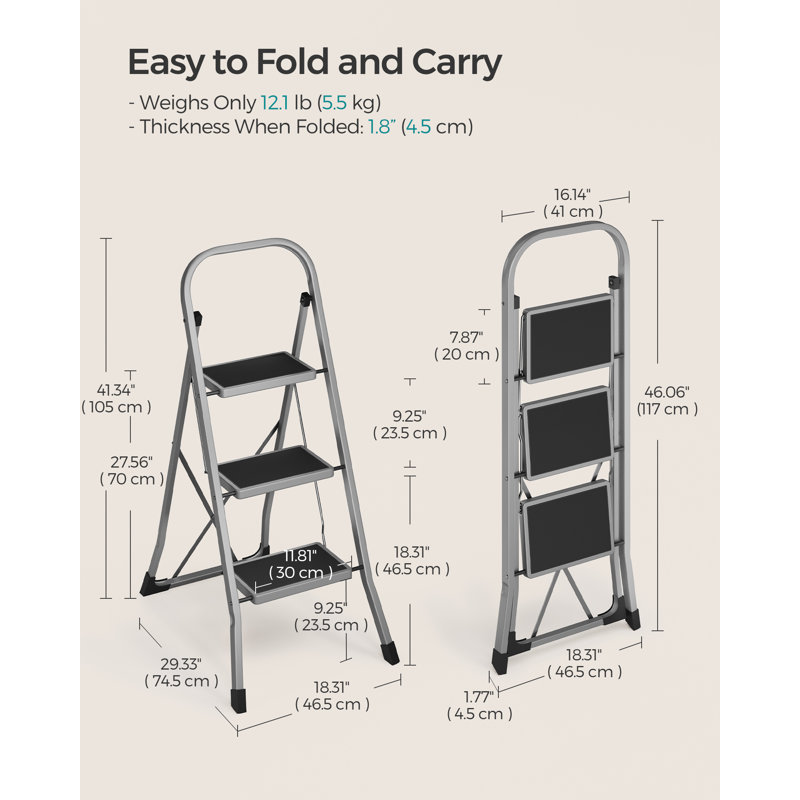 3 - Step Steel Folding Step Stool, Grey/Black