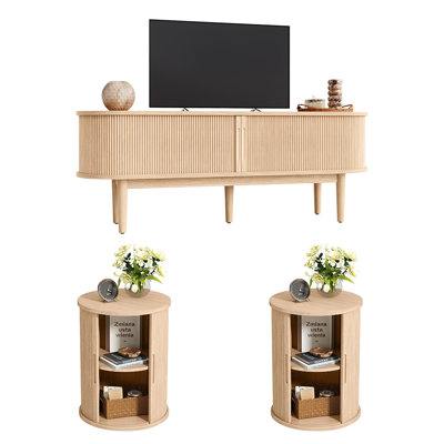3-Piece Living Room Table Set Including 1 TV Stand And 2 Round End Table