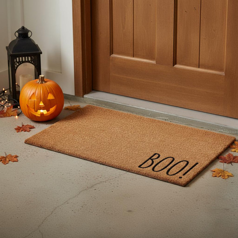 Tapis de porte d'extérieur en fibre de coco brun et naturelle, motif « Boo » pour l'Halloween, 43 x 74 cm.