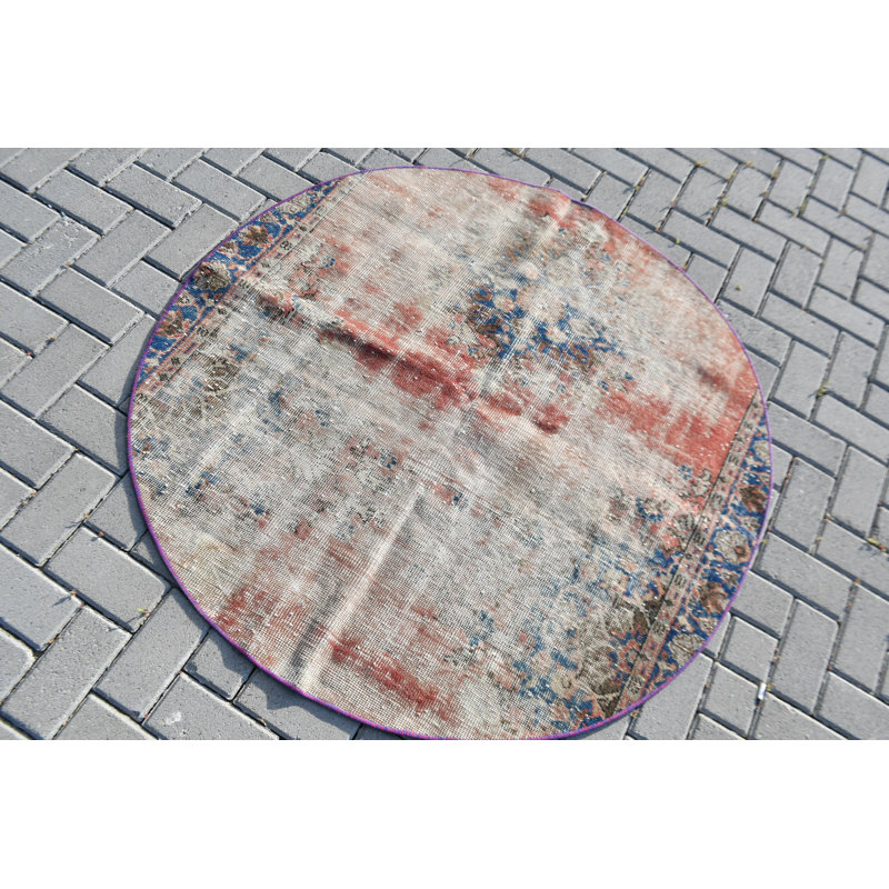 Round Red Turkish Oushak Accent Rug Ideal for Office and Entry Areas
