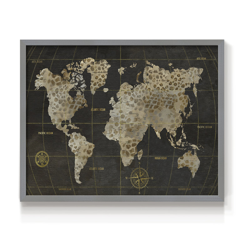 Carte du monde de safari - impression encadrée - réaménageable, Gris, H 11 po x l 14 po