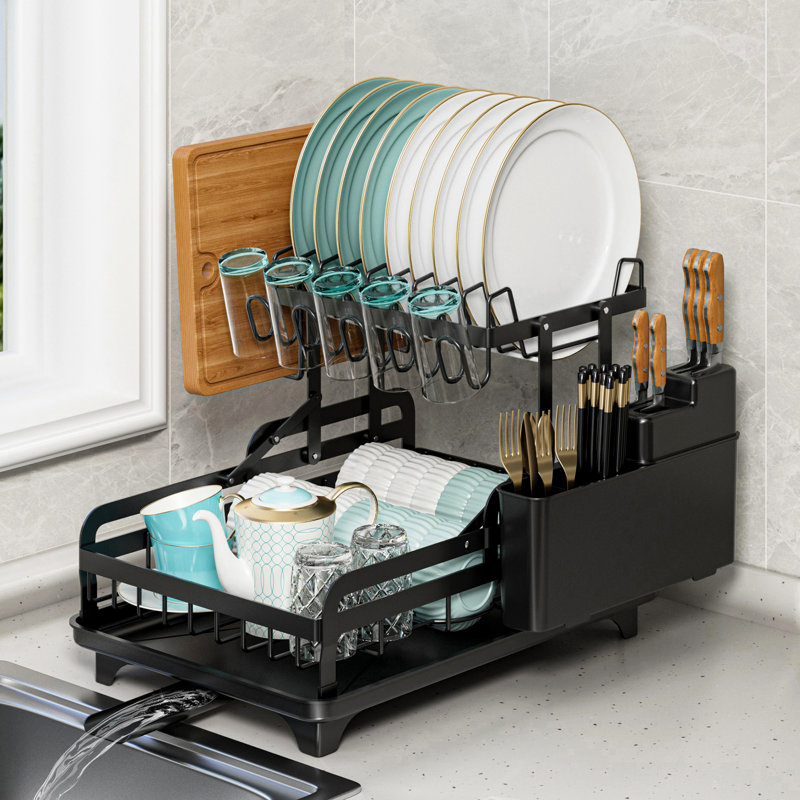 Égouttoir à vaisselle à 2 niveaux, égouttoir à vaisselle pour évier de cuisine, organisateur de grande capacité pour assiettes de comptoir de cuisine, tasses, bouteilles