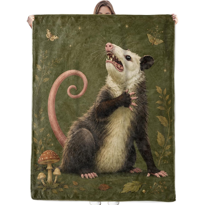 Opossum Blanket Woodland Mushroom Animal Flannel Throw, 30 x 40 in