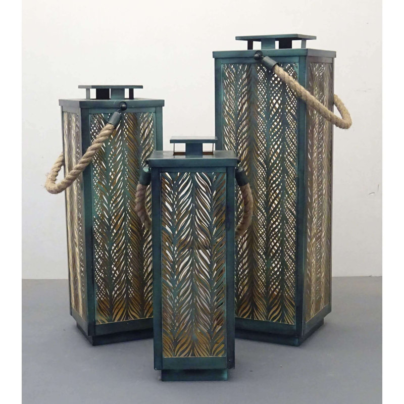 3 Piece Metal Wall Lantern Set, Green