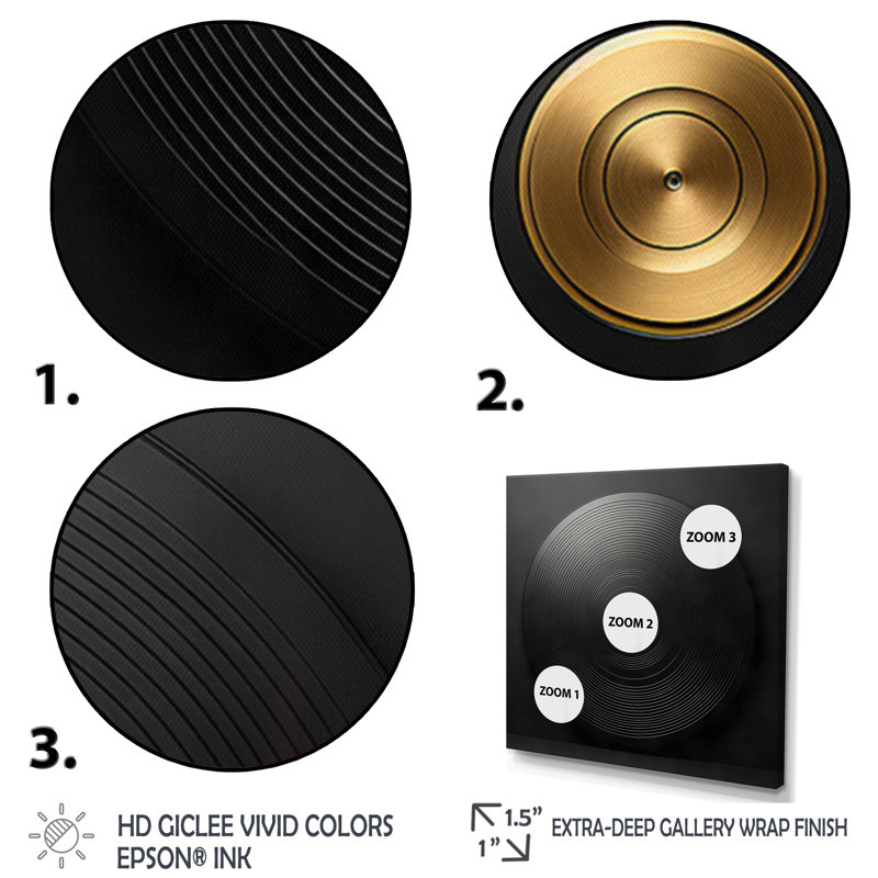 Vinyle noir et doré Serenade II - Disque vinyle décoratif mural, Noir, H 16 po x l 16 po, Reproduction avec cadre flottant