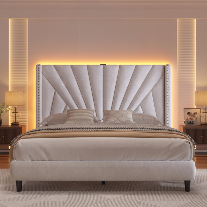 Bed Frame With 51"High Velvet Upholstered  Wingback Headboard, Platform Bed With Charging Station And Led Lights, Beige