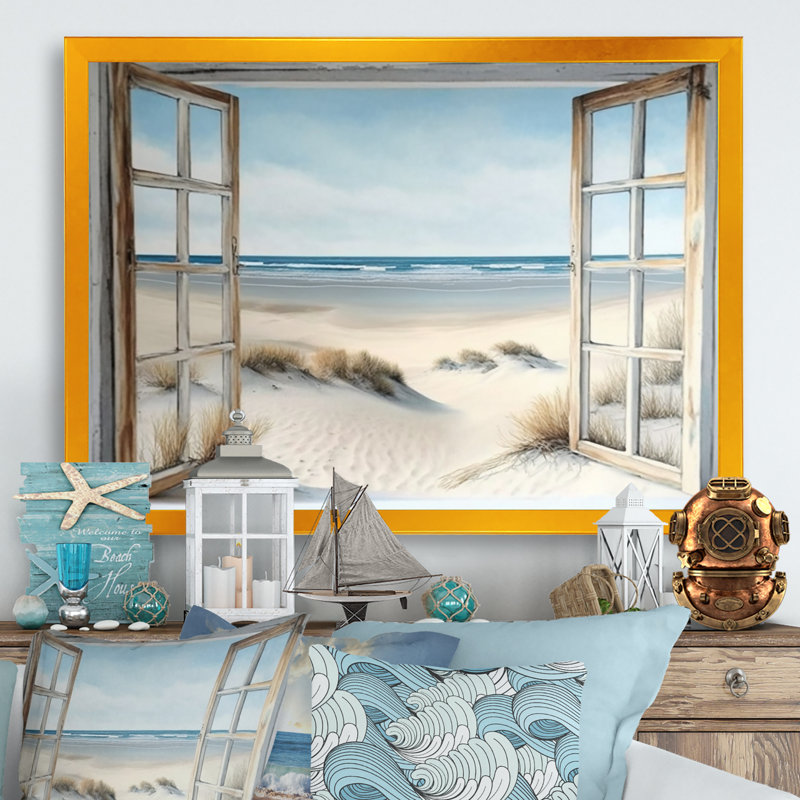 Window to the Beach - Print on Canvas, Single Picture Framed, 16" H x 32" W, Gold