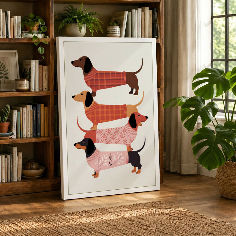 Stacked Dachshunds Mid-Century 1 Piece Wrapped Canvas Wall Art, 30x20 - 76.2 x 50.8 cm, Teal Border