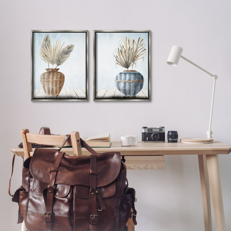 «Palms in Rattan Planters», ensemble de 2 toiles flottantes encadrées par Kim Allen, H 21 po x l 17 po